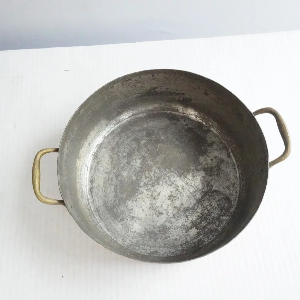 Vintage Copper Stew Pot with Brass Handles Round Kitchen Cookware Cottagecore